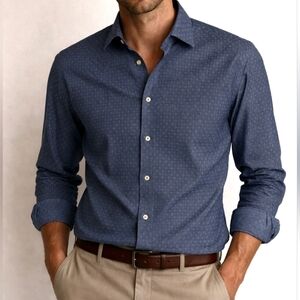 Frank Stella New York Shirt Blue Print Chambray Long Sleeve Button Up Size L